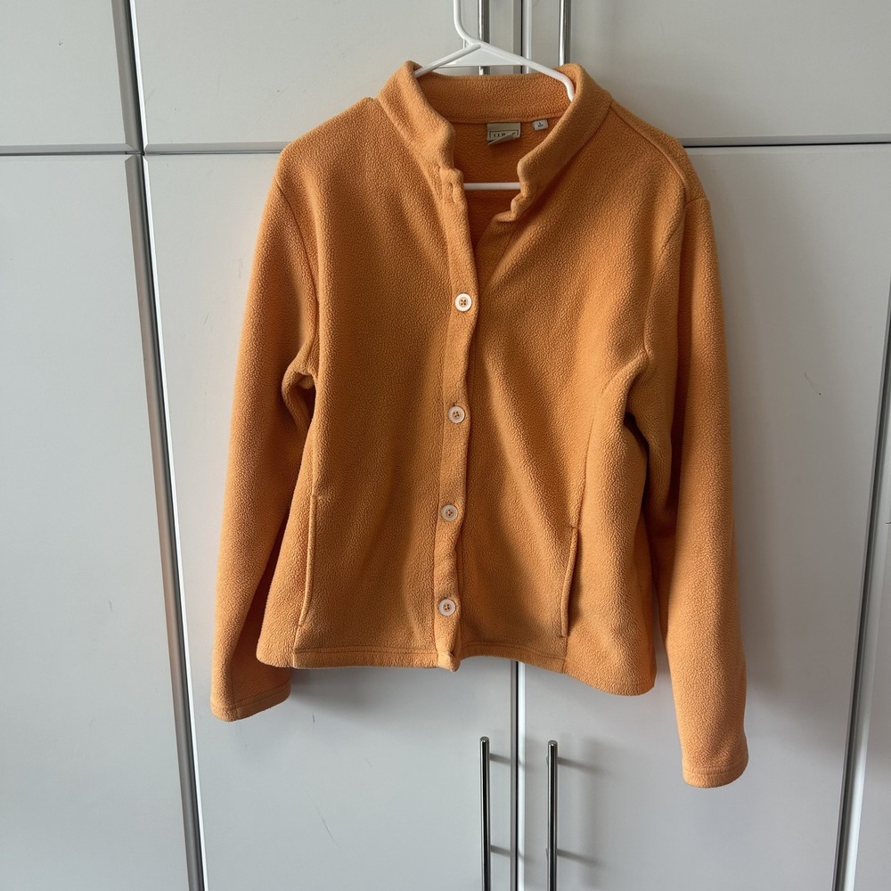 LL Bean Womens Fleece Button Down Cardigan Mock Neck Jacket Orange Marigold L